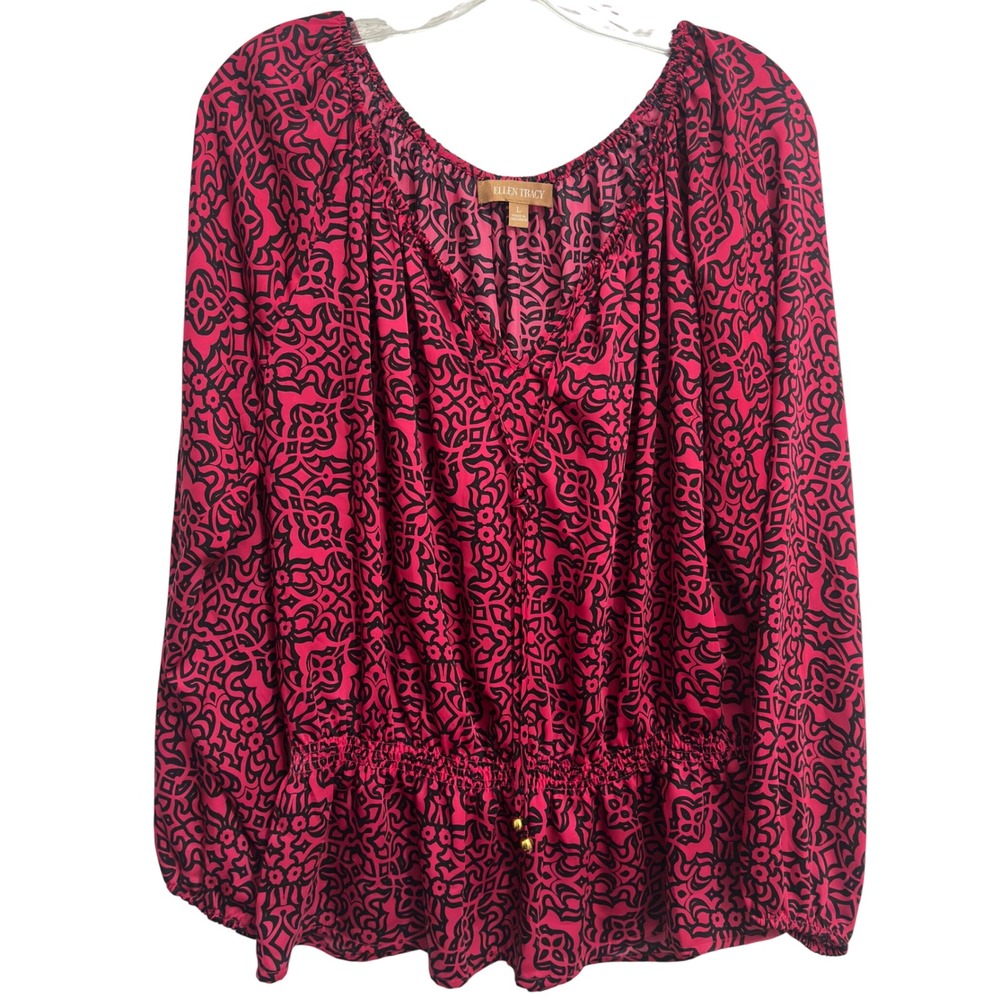 Ellen Tracy Blouse Pink Black Geometric Print Smocked Peplum Top Sz L Artsy Boho